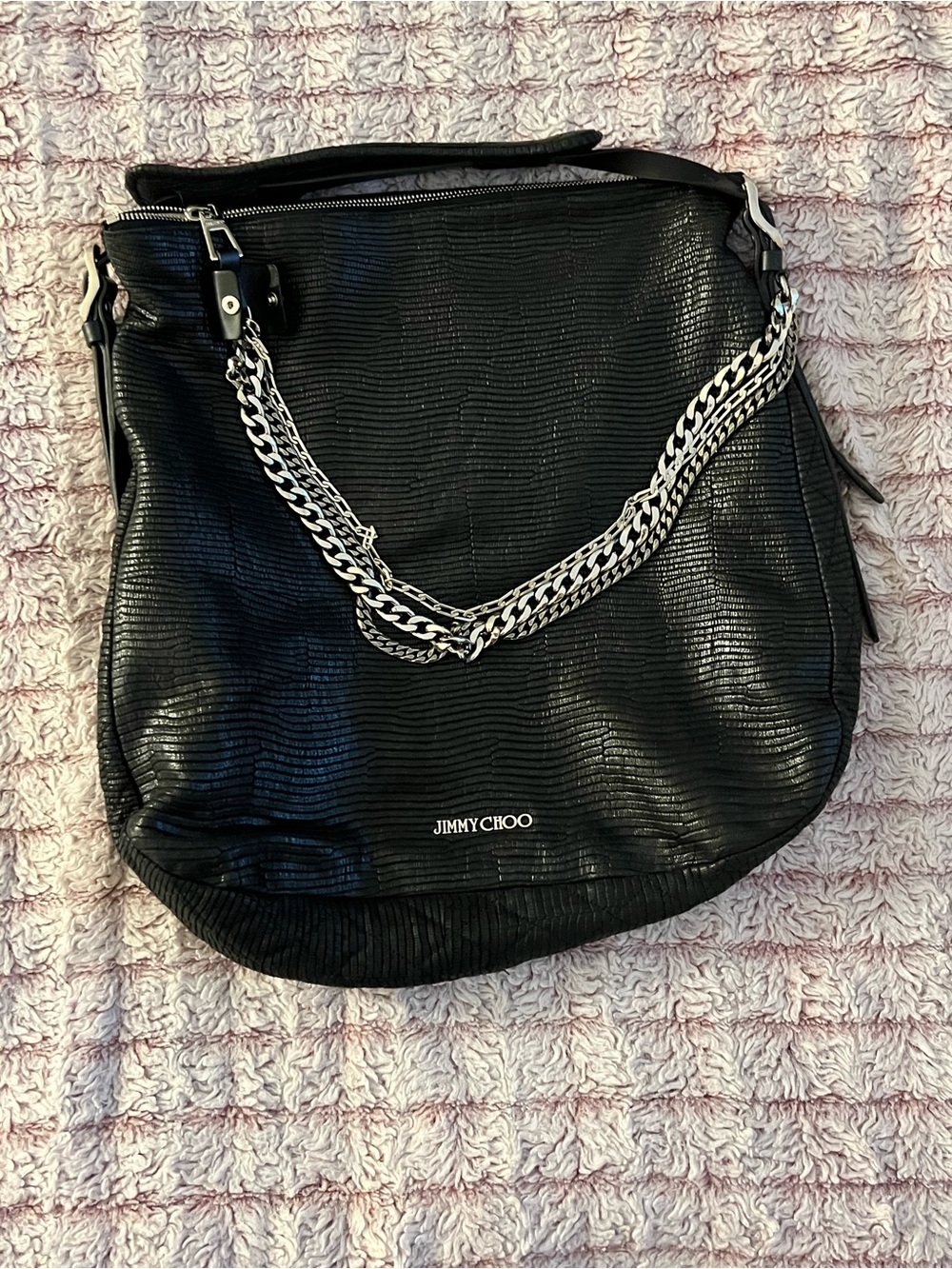 Jimmy Choo Black Textured Leather Shoulder Bag with Silver Chain Detail